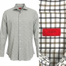 Isaia Napoli Long Sleeve Button Up Plaid Cotton Italy Shirt 17.5/44 x 36 Sleeves