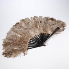 Vintage Ostrich Feather Hand Fan Off  White Beige Brown With Carved Black Handle