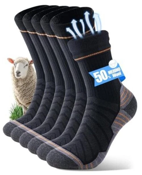 Merino Wool Hiking Crew Socks for Men & Women, Thermal Large Black&grey