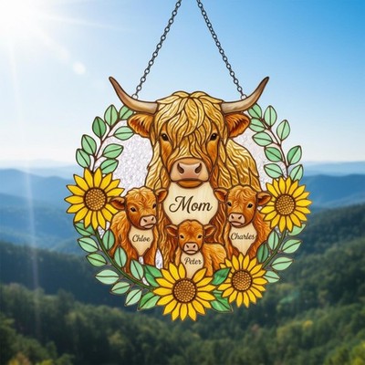 Personalized Highland Cow Family Acrylic Suncatcher Sunflower Gift