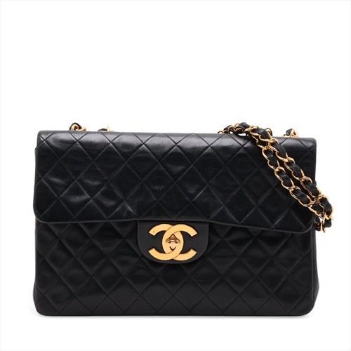 Chanel DEKAMATRASSE 34 Maxi Lambskin Single Flap Double Chain Bag Black Gold Met