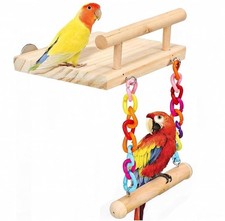 Natural Wood Bird Perch Platform with Colorful Chain Swing Brown
