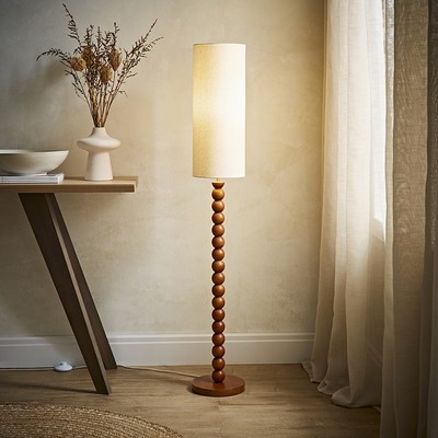 Wyatt Nussbaum Bommelholz Stehlampe hoch natur Leinen Lampenschirm Wohnzimmer LED