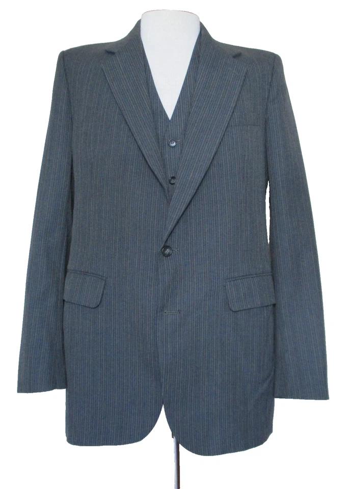 Traje De Colección Años 80 Josephs San Antonio 3 Piezas Para Hombre 42L Gris Lana A Rayas Foto 2 de 4