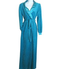 Vintage JCPenney Womens Small Long Teal Robe Belted Waist Satin Lapel Pocket
