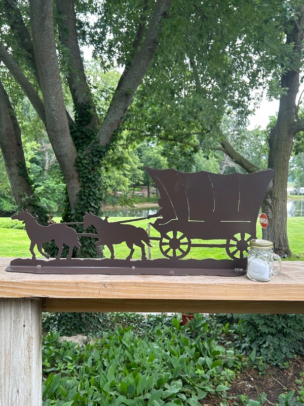 VINTAGE CUT STEEL WAGON TRAIL MANTLE/SHELF SCULPTURE/RELIEF