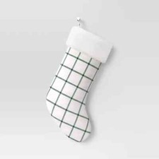 20" Woven Windowpane Plaid Christmas Stocking with Faux Shearling Cuff - Wonders