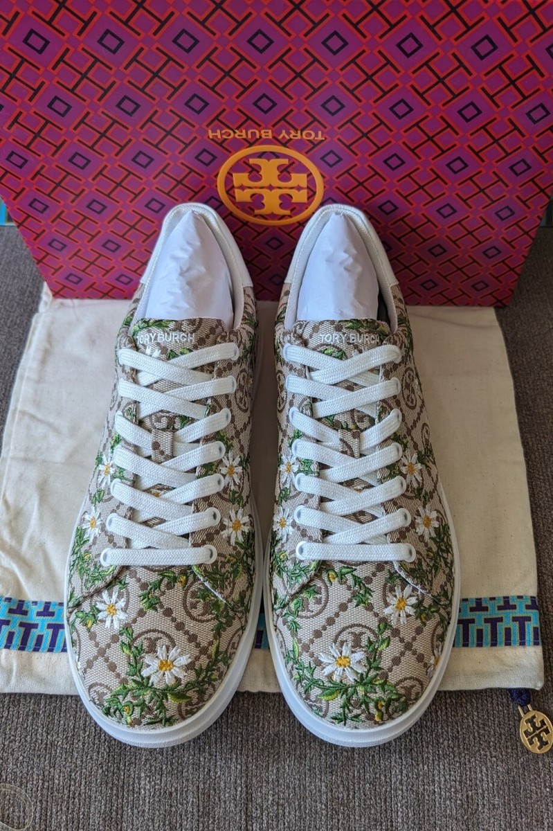 【Tory Burch】Jacquard Howell Embroidered Court Sneakers Tory Burch Howell T-Monogram Embroidered Jacquard Sneakers