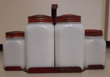 Milk Glass Salt/Pepper/Sugar/Flour Shakers - with Metal Rack