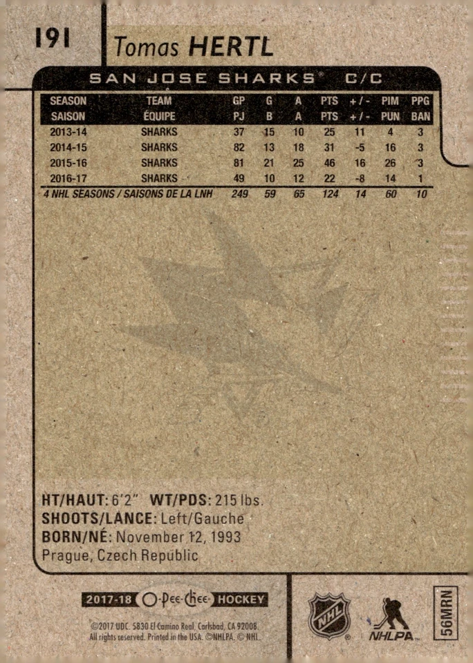 Tomas Hertl - Signed 2017-18 O-Pee-Chee Card #191 - San Jose Sharks - Image 2 of 2