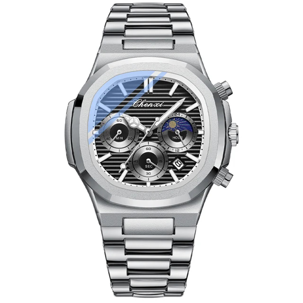 ♧moon♧ CHENXI Men Watch Luminous Moon Phase Chronograph Quartz Steel