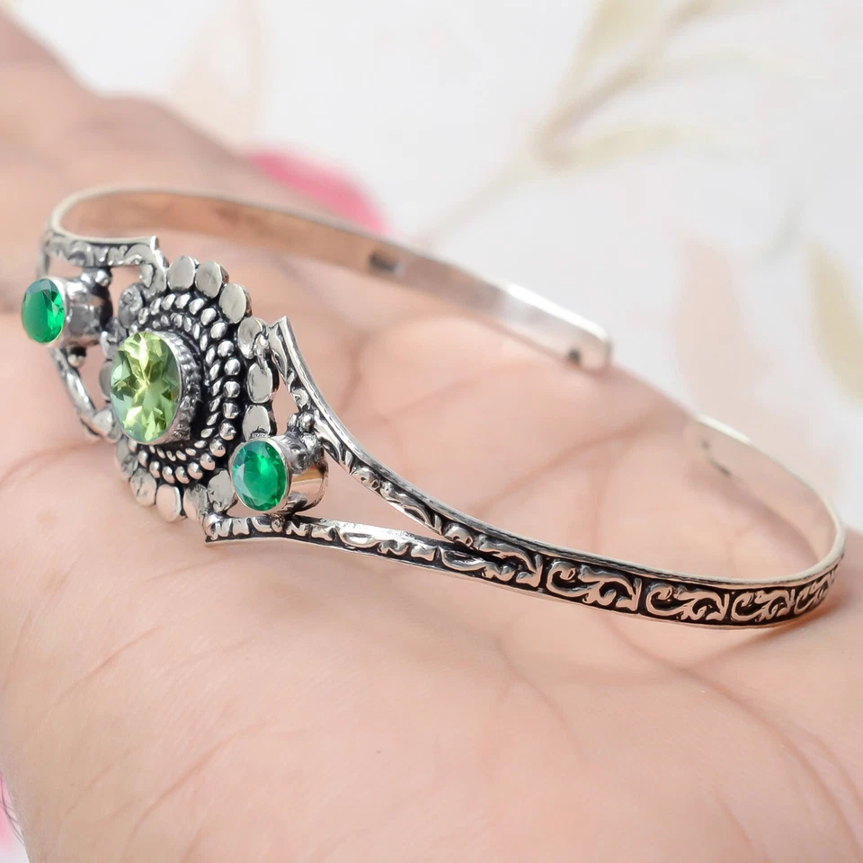 Peridot Cut,Chrome Diopside Gemstone Cuff 925 Sterling Silver Handcraft Bracelet - Image 2 of 4