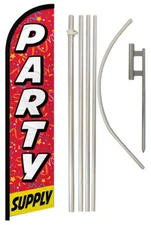 Party Supply Red Windless Banner Flag & 16' Flagpole Kit / Ground Spike