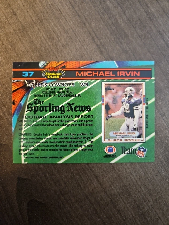 1991 Topps Stadium Club - #37 Michael Irvin - Image 2 of 4