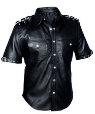 Mens Real Black Leather Police Uniform Shirt - Hot BLUF Style Half Sleeves