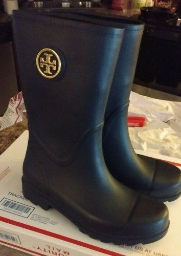 TORY BURCH Maureen Rain Boot Navy Preowned Sz US 7M | eBay