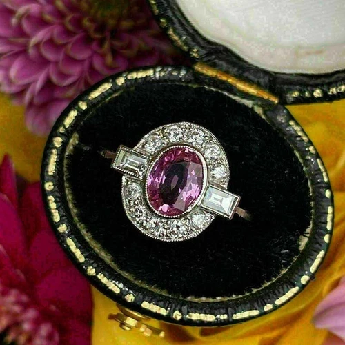 Art Deco Vintage Pink Sapphire 2.5Ct Diamond Engagement Ring 14K White Gold Over