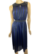 Loft Sz 6 Sleeveless Dress Black & Blue Striped Black Lace at Neck Fitted Waist