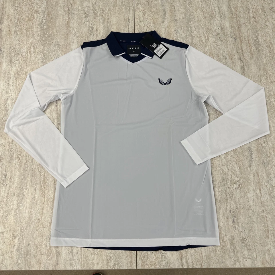 Castore Herren Golf Langarm Polo, weiß/blau, NEU