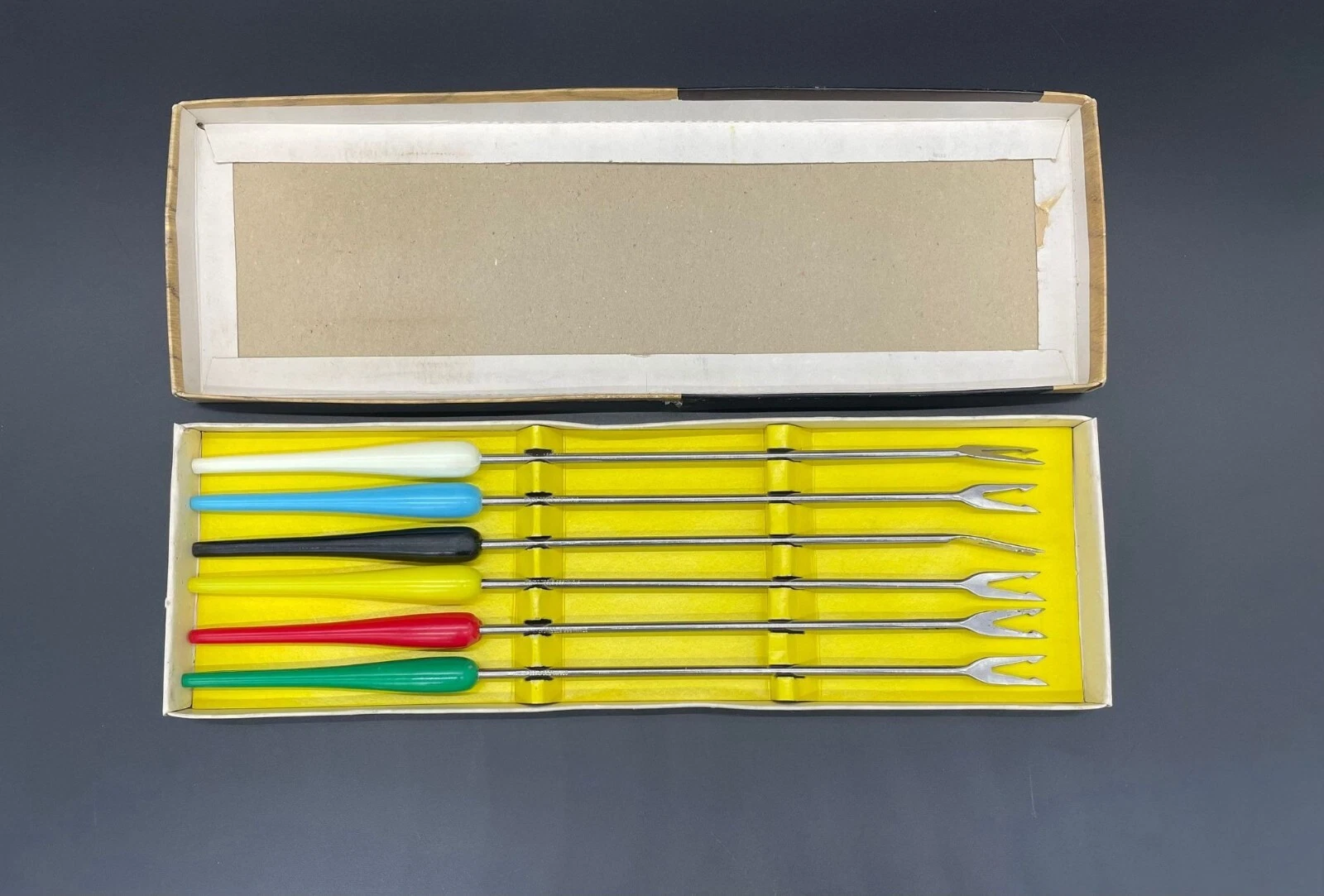 Vintage 1960s Stainless Steel Fondue Forks Set Of 6 Rainbow Made In Japan Retro