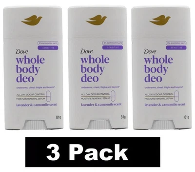 3 x DOVE 81g WHOLE BODY DEO DEODORANT ODOUR PROTECTION LAVENDER & CAMOMILE SCENT - Image 1 of 4