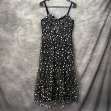 Betsey Johnson Celestial Star Print Mesh Tiered Midi Dress Size 8 Black Silver