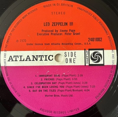 LED ZEPPELIN - Led Zeppelin III LP 1970 UK Atlantic Red/Plum PETER GRANT CREDIT 
