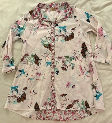 Tulip Brand Pink Floral Birds Butterflies Button Down Blouse Peekaboo Small EUC