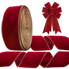 50 Yards Burgundy Red Velvet Wired Edge Ribbons, 2.5inch Red Velvet Solid Rib...