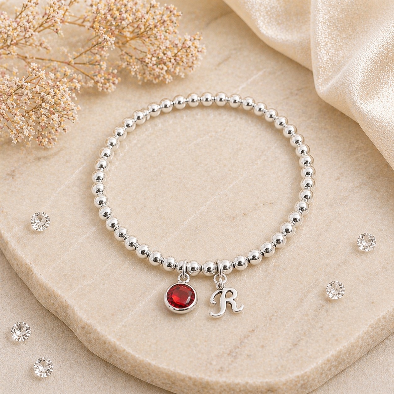 Pulsera de plata con piedra de nacimiento inicial personalizada elástica regalo de cumpleaños para ella