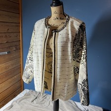 Chicos Ivory Gold Embellished Open Front Wool Blend Jacket Chico s Size 2