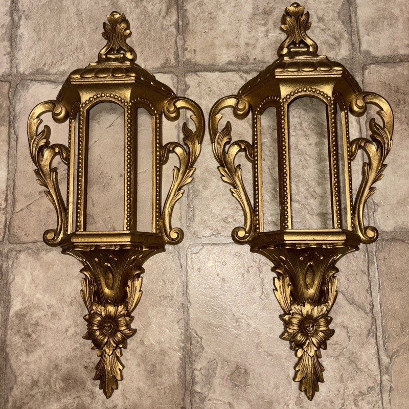 2 Gold Burwood Hanging Lantern Wall Pocket Homco Planter Floral 585-1 19.5”x9.5”