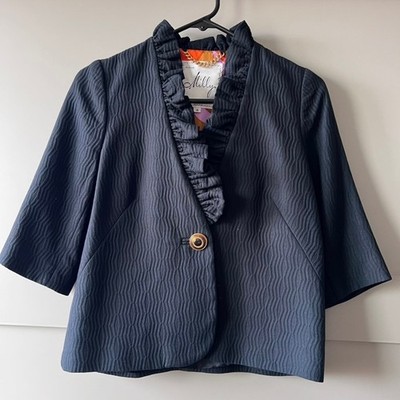 Milly Of New York Black Textured Ruffle Collar Cropped Jacket Blazer Size 4