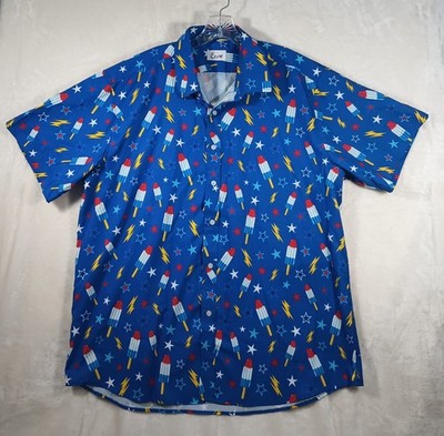 Euow Men's XL Button Shirt Collared Blue Bomb Pops Lightweight Happy Festive