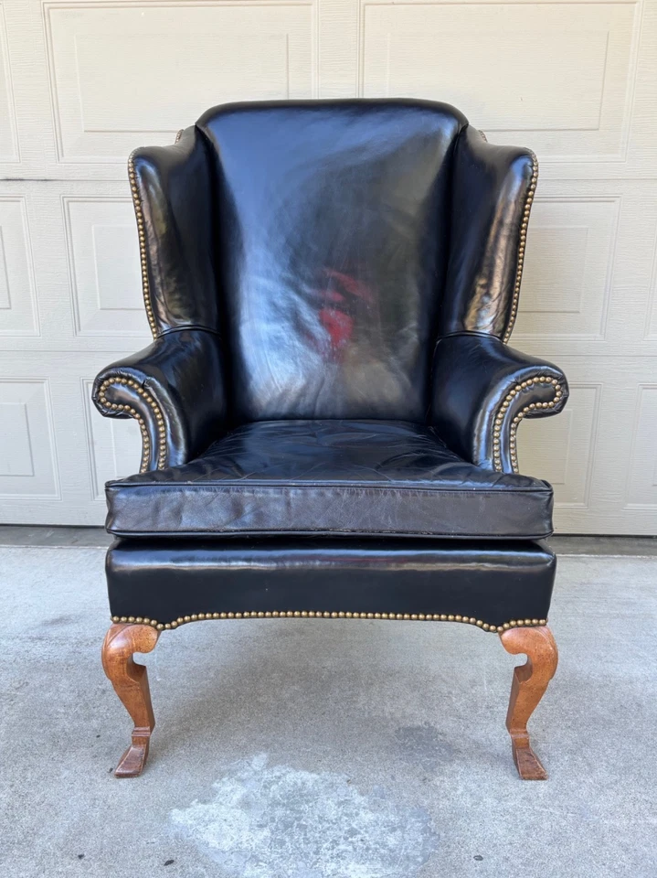 Vintage antique leather nailhead brass wing back chair library Baker Hancock era - Image 2 of 4