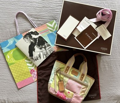 バッグ COACH Y2K HAMPTONS WOOL TOTE BAG RARE Vintage Coach Y2K Hamptons Weekend Small Patchwork Tote Dust