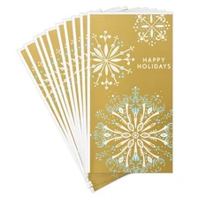 Hallmark 10 Pack Money Holder Christmas Cards Snowflakes on Gold Foil NEW