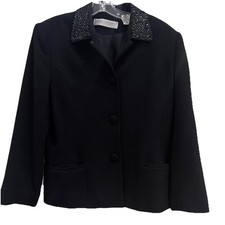 Vintage Valerie Stevens BEADED COLLAR Black 100 Pure Wool Blazer Size 8