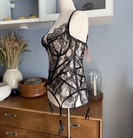 Agent Provocateur Alyss Corset Basque Black Leavers Lace & PVC Size 5 $795