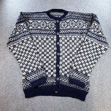 Vtg Hand Knit Norwegian Wool Fair Isle Geometric Cardigan Sweater Jacket Button