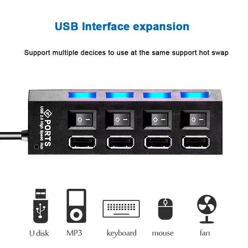 2X USB Hub 7 Port On/Off Switch High Speed Splitter AC Adapter Cable PC Laptop