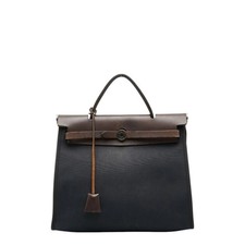 Hermes Herbag Zip PM Handbag, Black/Brown Toile Officier Leather, Women's HERMES