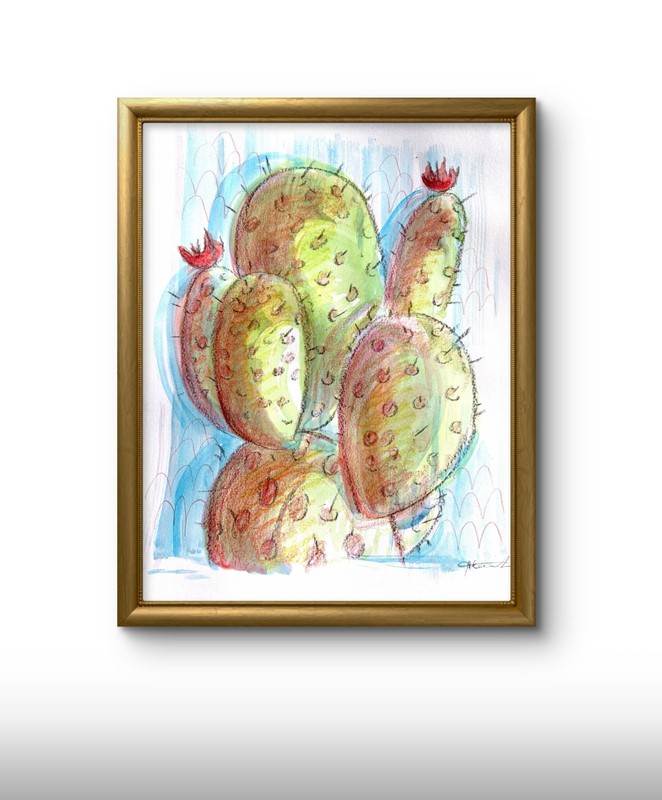 Original Red Green Cactus Painting By Alannah Dyer- Acrylic 9x12 in. Nature