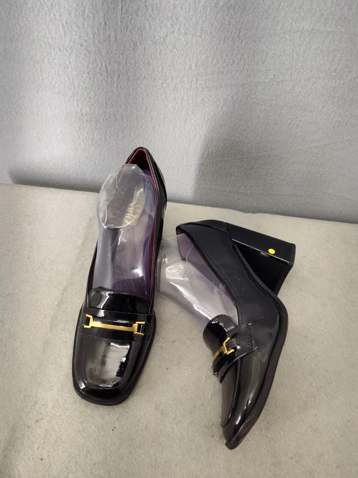 Franco Sarto Mujer Pump 10 Negro Charol Mocasín Horsebit Zapatos Tacón Bloque Foto 4 de 4