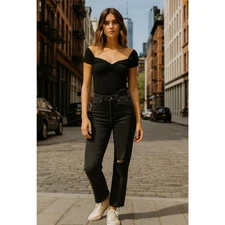 Levis Premium Women 25 Black Wedgie Straight Fit Jeans Distressed Raw Hem J16-9