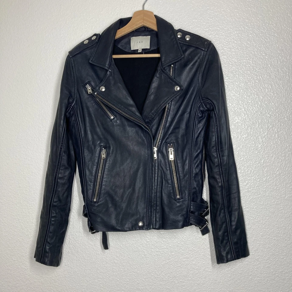 IRO Leather Jacket Womens L Black Tara Moto Biker Lambskin Asymmetrical Zip - Image 2 of 4