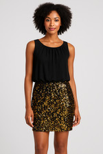 New with Tags 189 Adrianna Papell Black  Gold Sequin Blouson Dress  Size 10