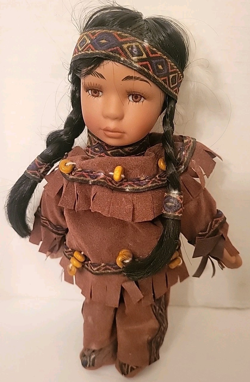 Vintage Native American Indian Beautiful Girl Doll Porcelain Bisque Face Stuffed