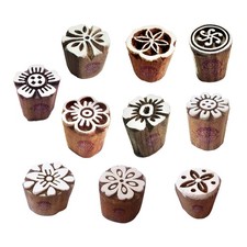 Clay Printing Stamps Arty Crafty Small Floral Shape Wooden Blocks Set of 10 H...