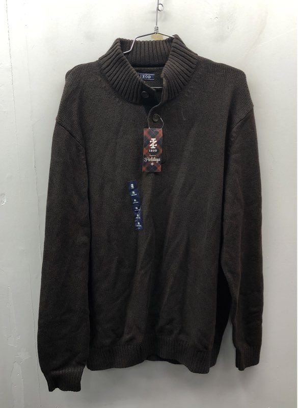 IZOD Men's Black Coffee Marl Knit Button Mock Neck Sweater Sz XL NWT